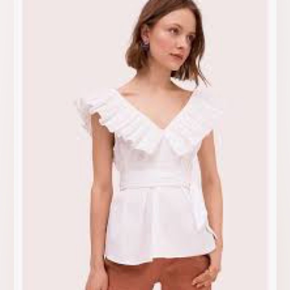 Kate Spade White Ruffle V-Neck Belted Blouse XS $148